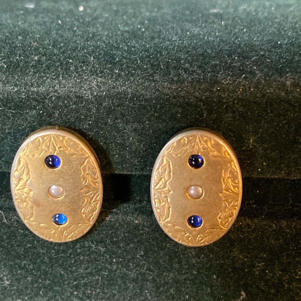 Victorian Cufflinks each with two blue sapphire colored stones and a seed pearl